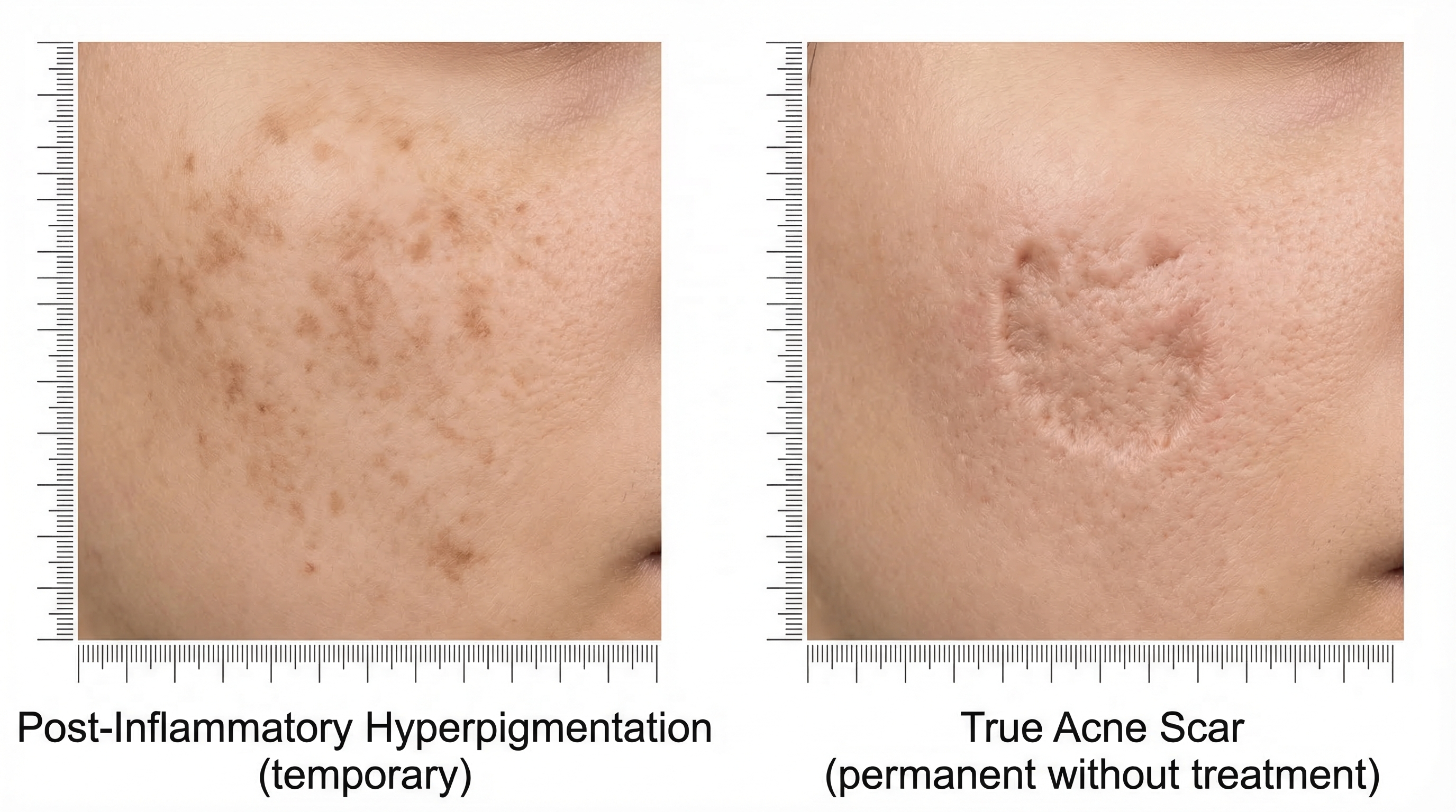 Close-up comparison showing the difference between flat post-inflammatory hyperpigmentation and textured acne scars