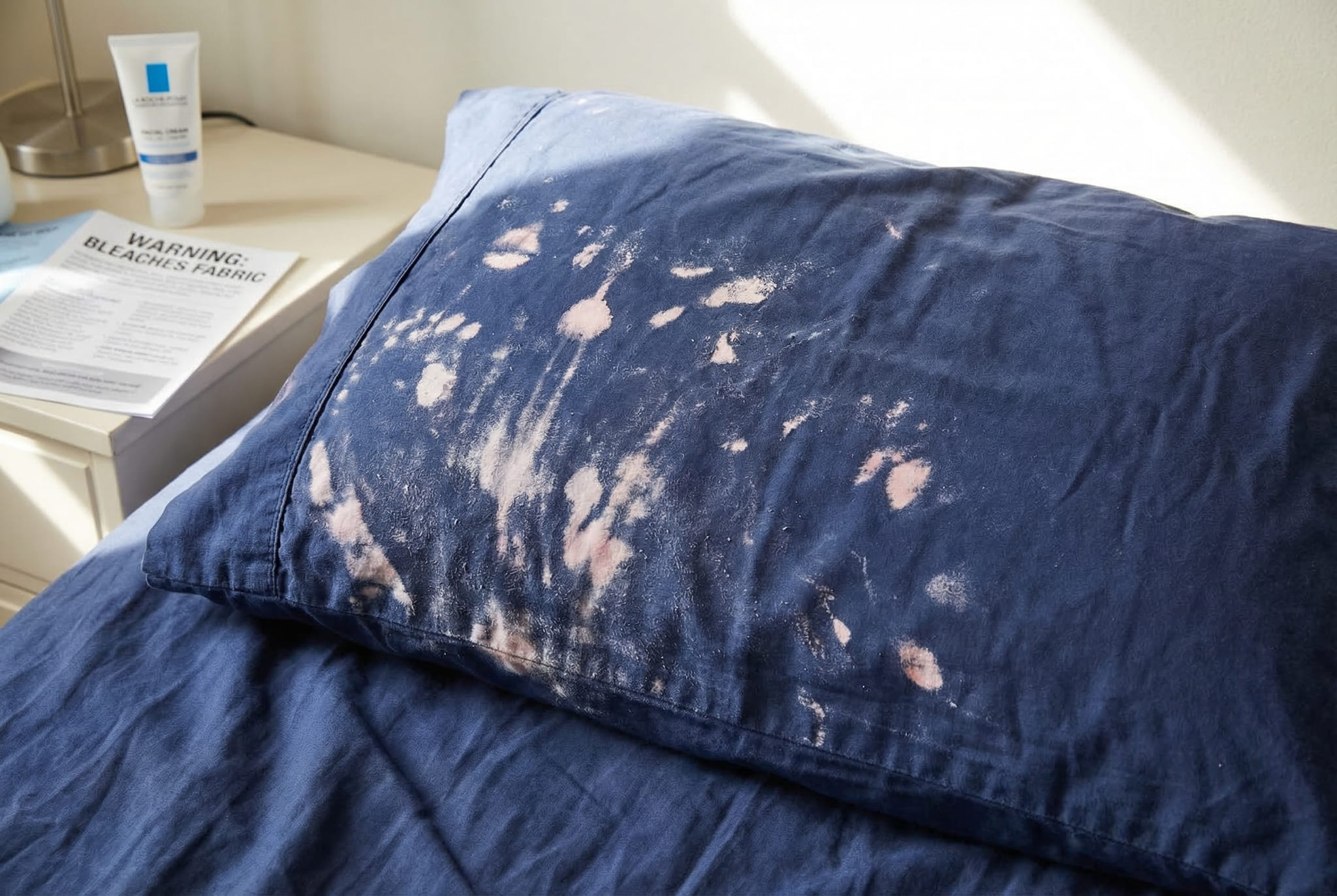 Benzoyl peroxide bleaching on a navy pillowcase