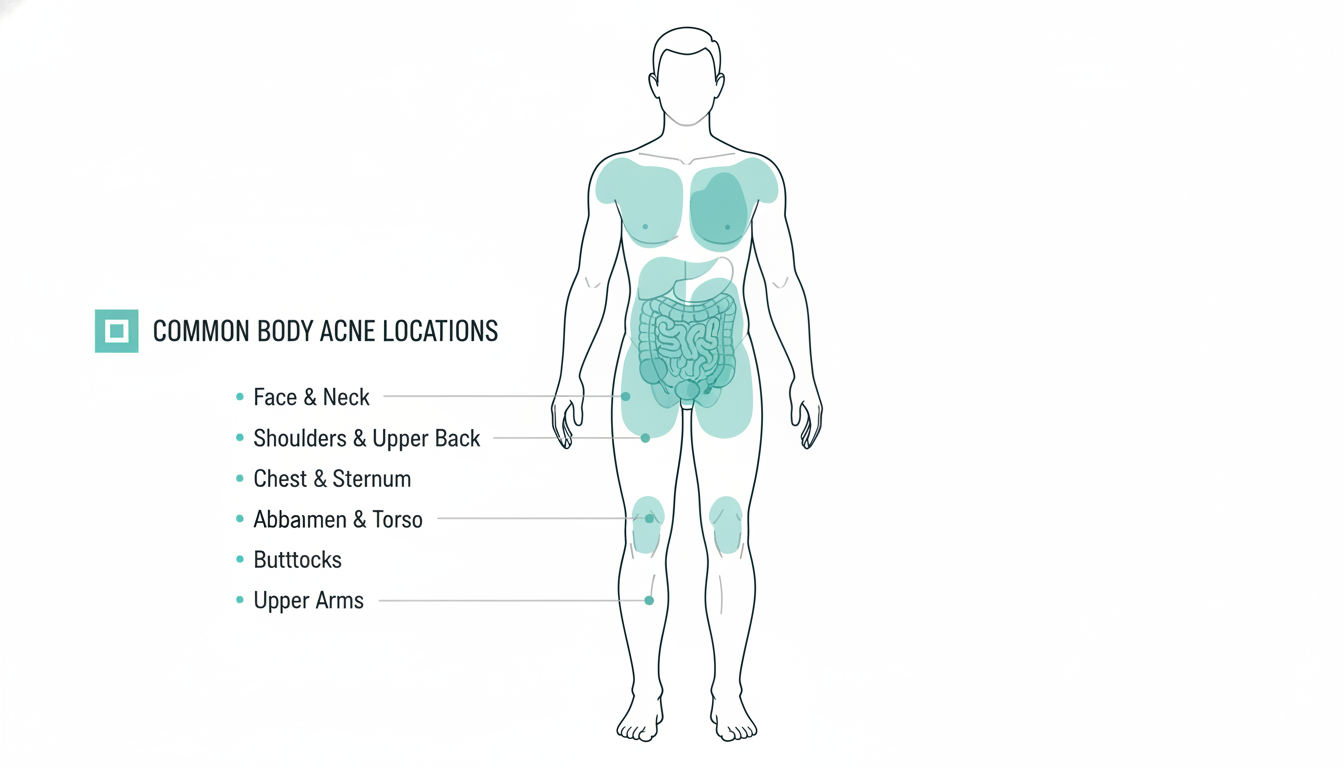 Diagram showing common body acne trigger zones — backpack straps, sports equipment areas, and sweat-prone regions