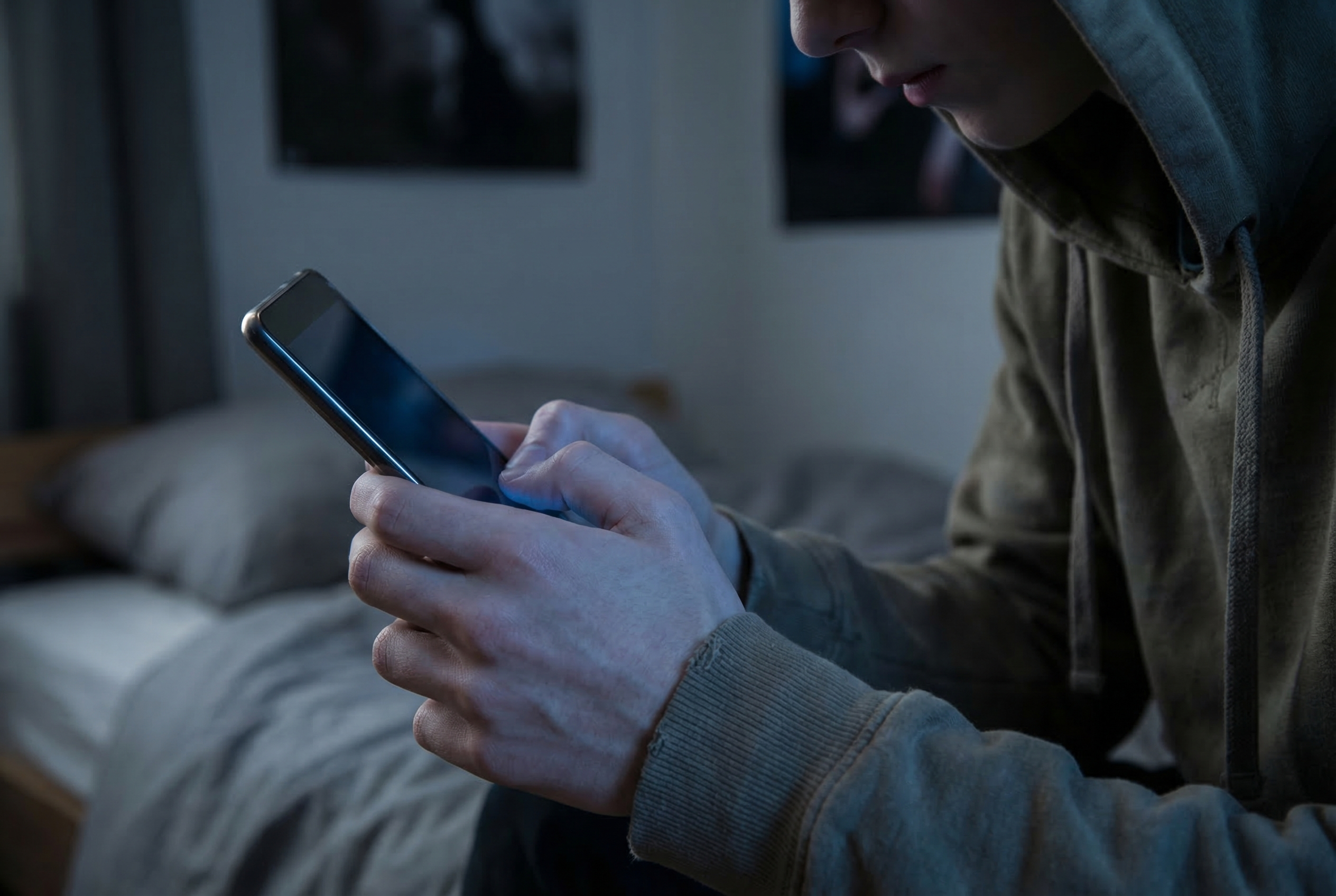 Teenager looking at hurtful comments on a phone screen while sitting alone