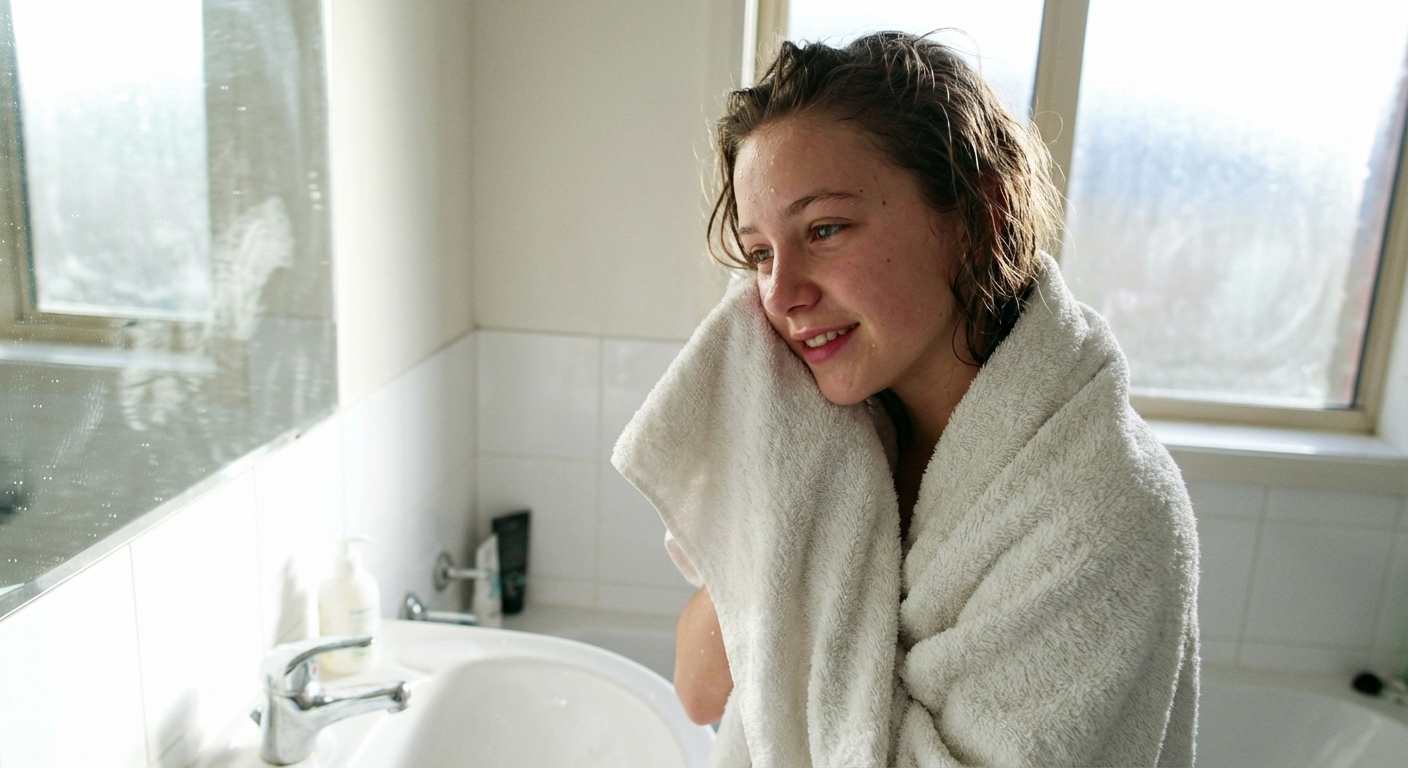 A teenager patting her face dry with a towel