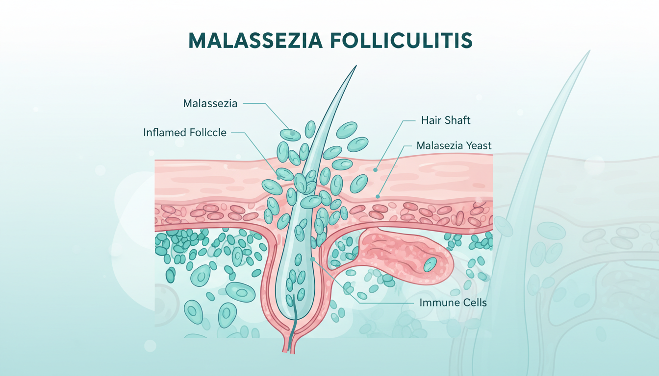 Diagram showing the most common locations for fungal acne on the body: forehead, chest, upper back, and shoulders