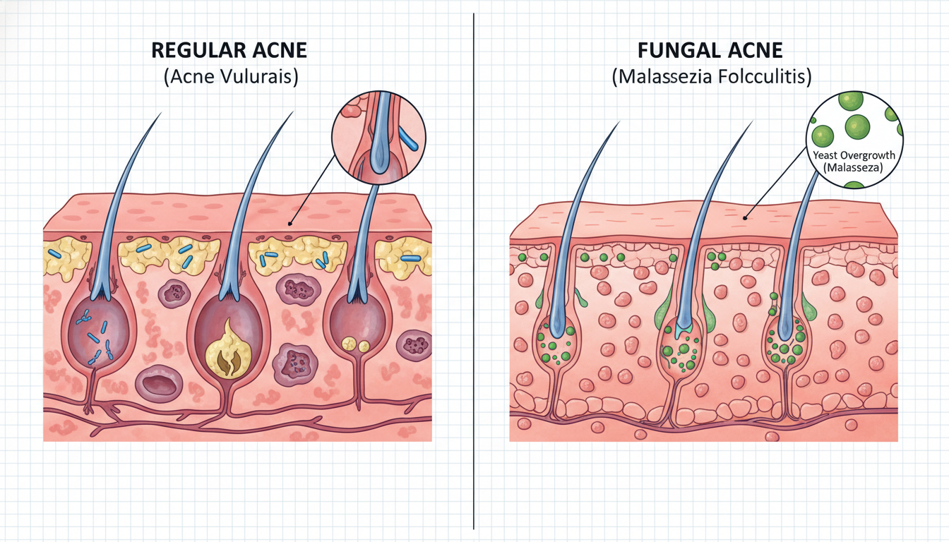 Close-up comparison showing the visual differences between fungal acne (uniform small bumps) and regular acne (varied sizes and types)