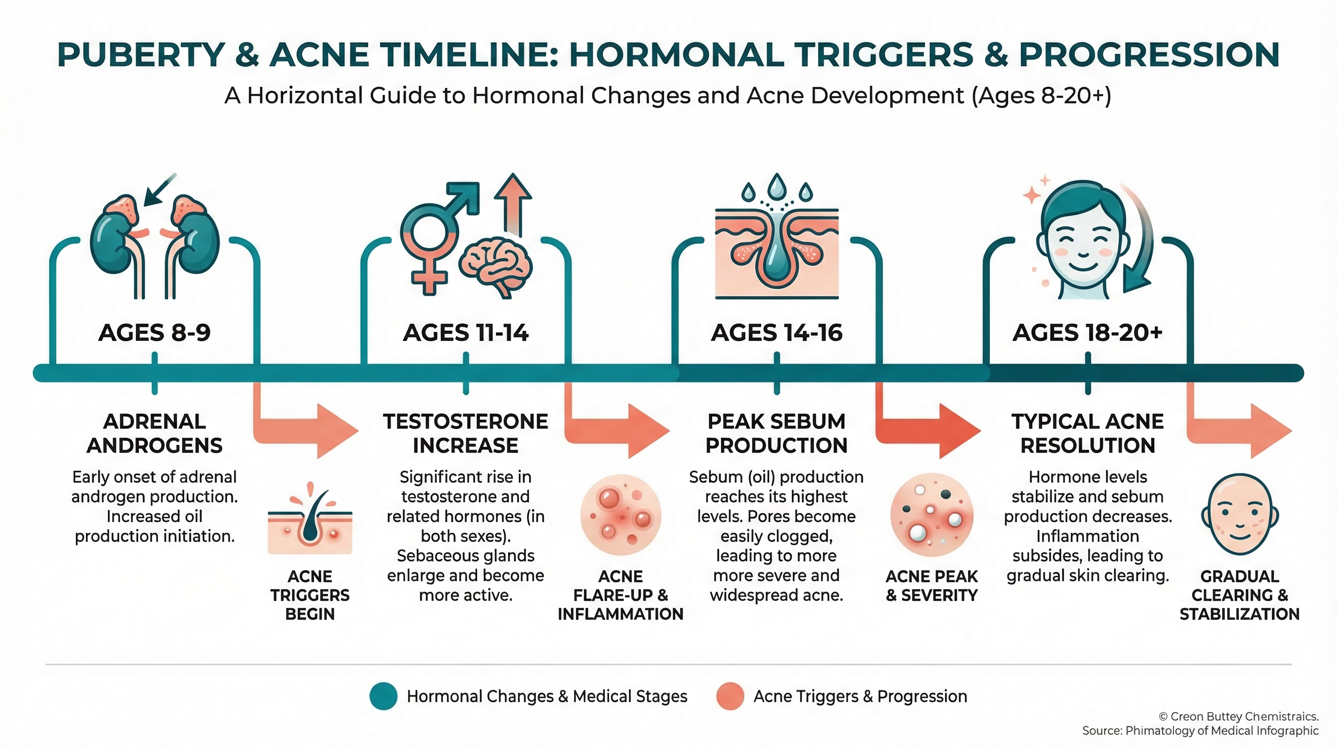 Calendar illustration showing a typical cyclical acne pattern across a menstrual cycle, with breakout intensity peaking 7-10 days before menstruation