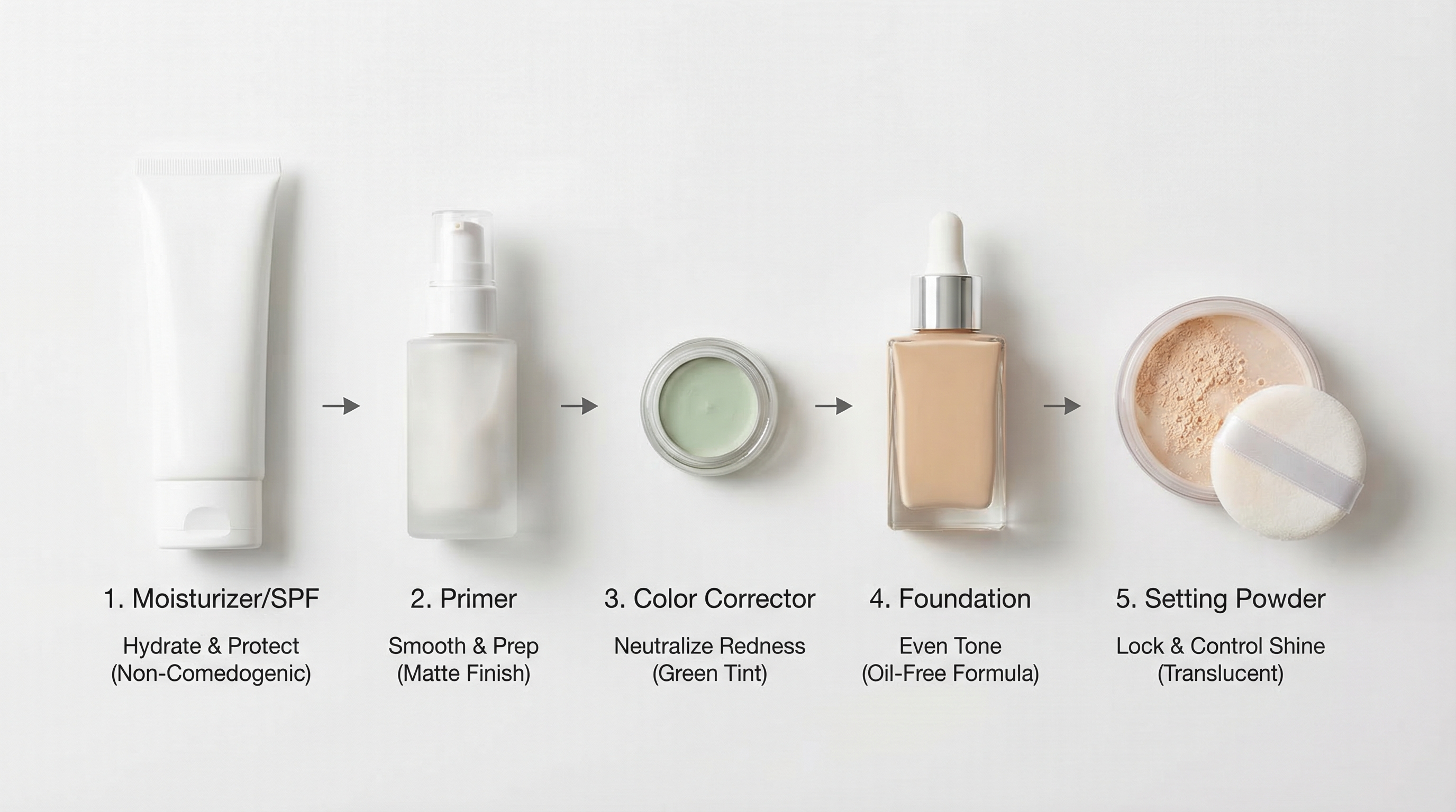 Step-by-step layering diagram showing the correct order from skincare to setting spray