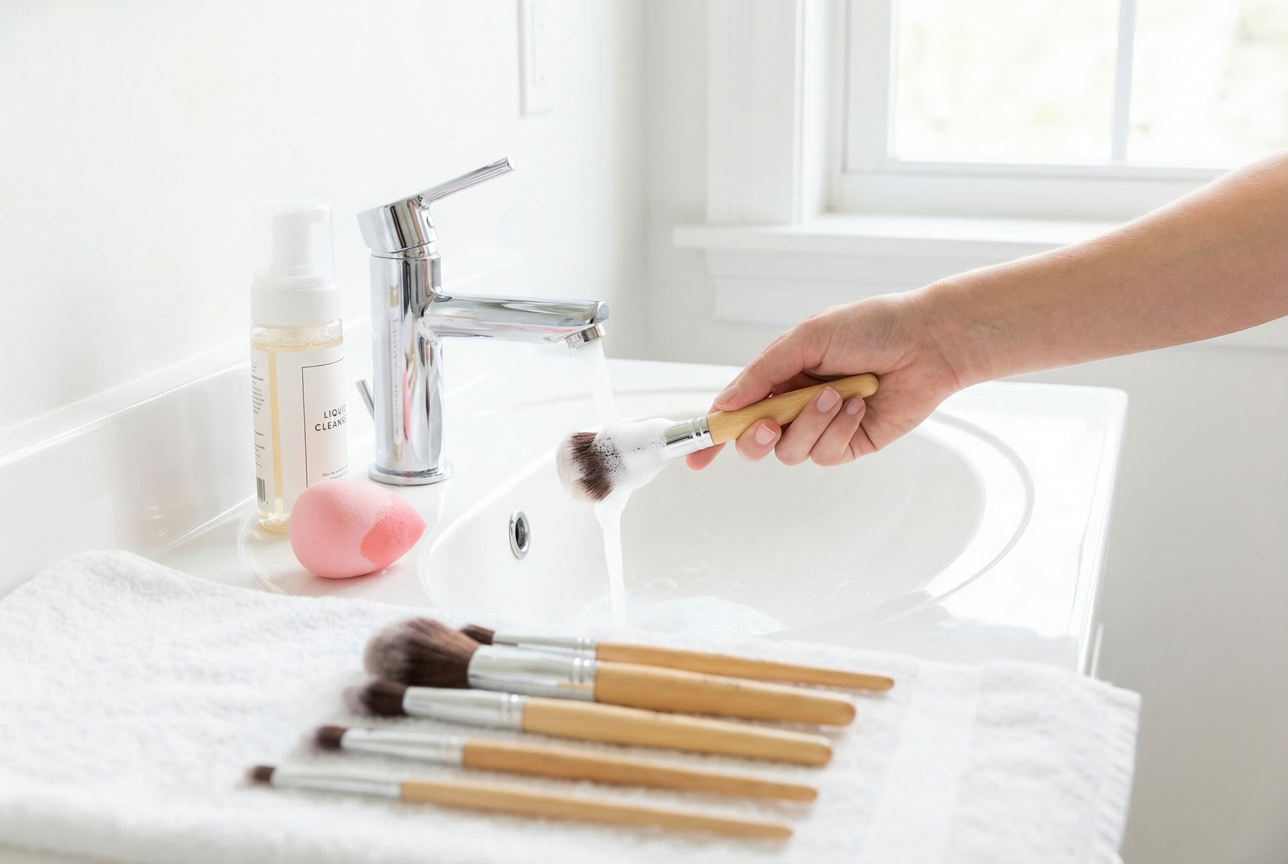 Flat-lay photo of clean makeup brushes and sponges with a cleaning schedule checklist
