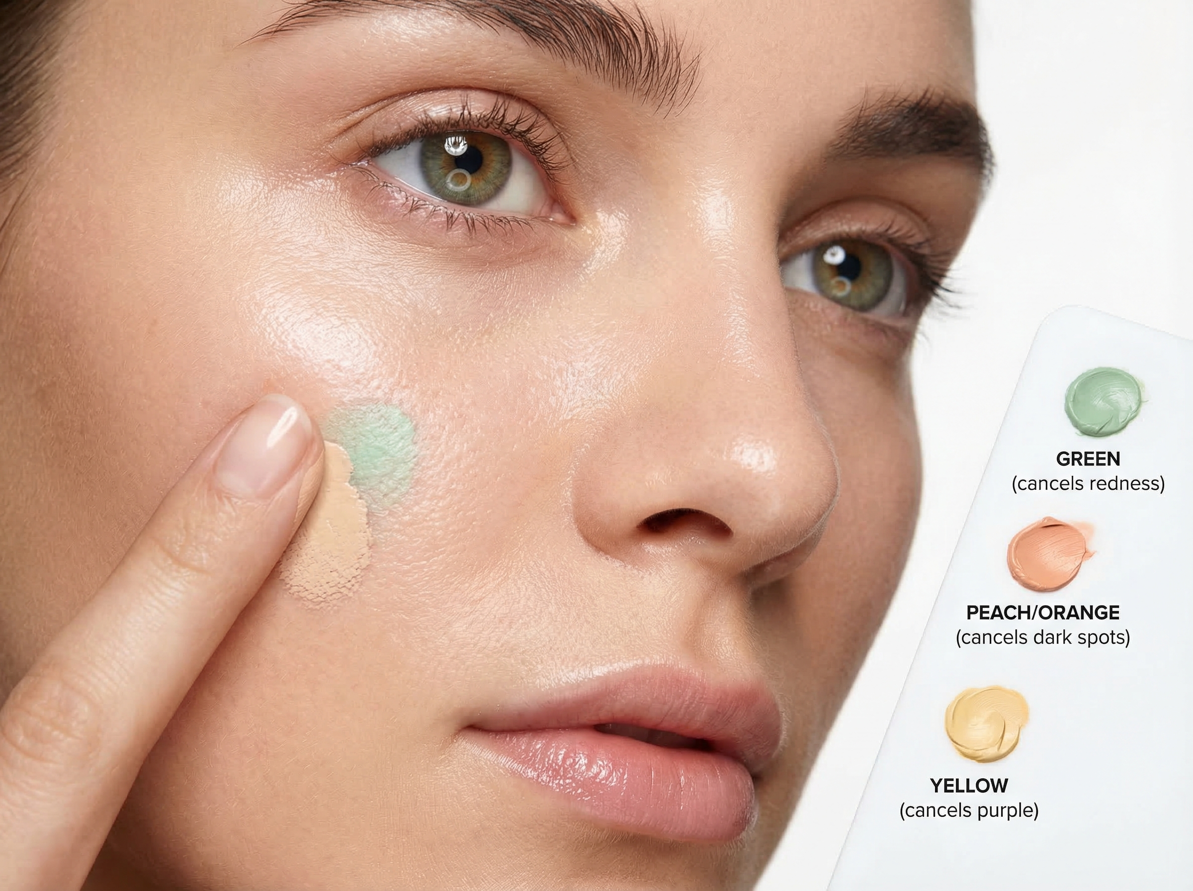 Color correction chart showing which corrector shades cancel different types of discoloration across various skin tones