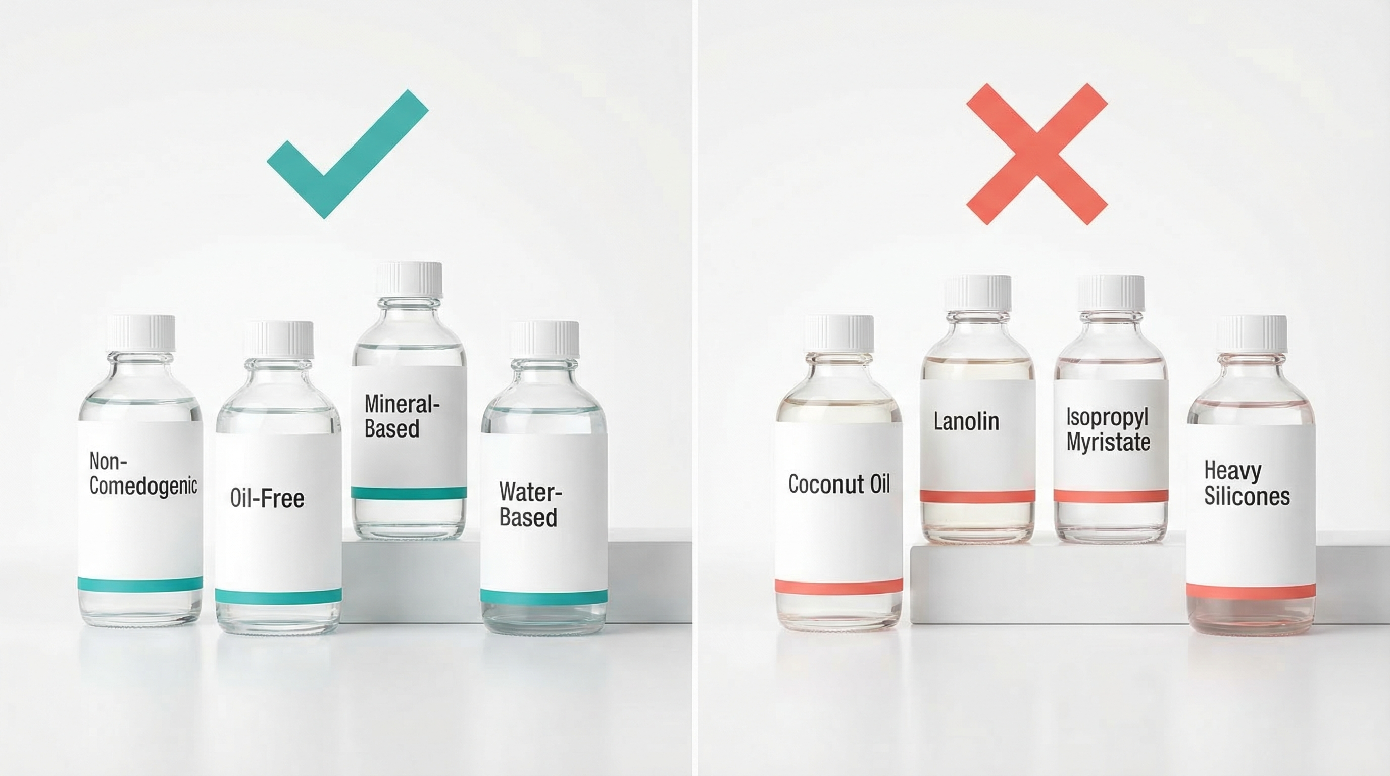 Infographic showing the difference between comedogenic and non-comedogenic makeup ingredients on skin pores