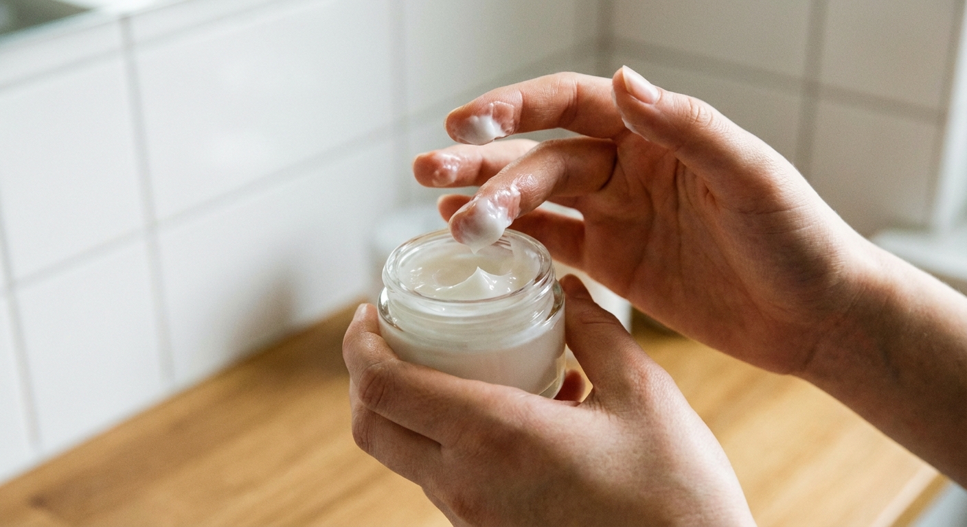Close-up of moisturizer cream on fingertips