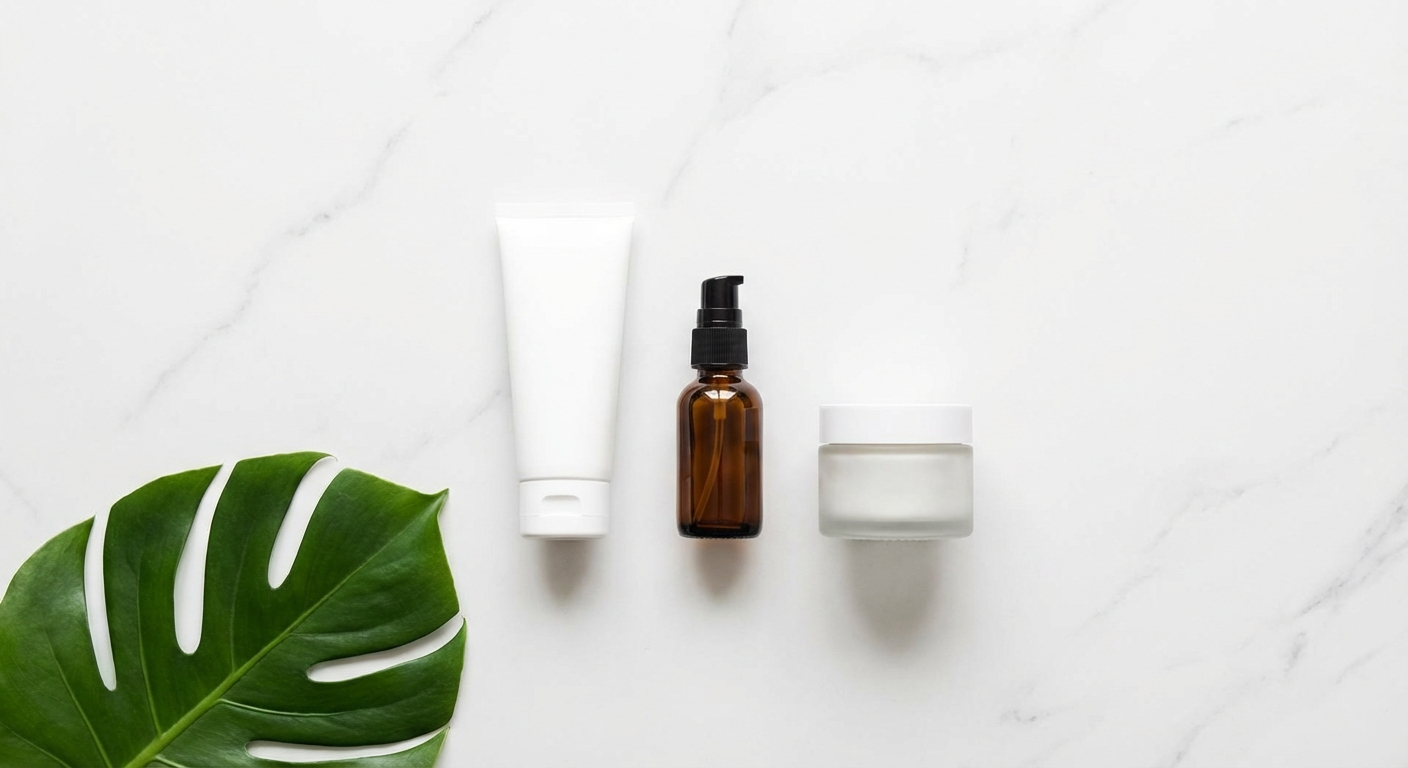 Skincare products arranged on a marble surface