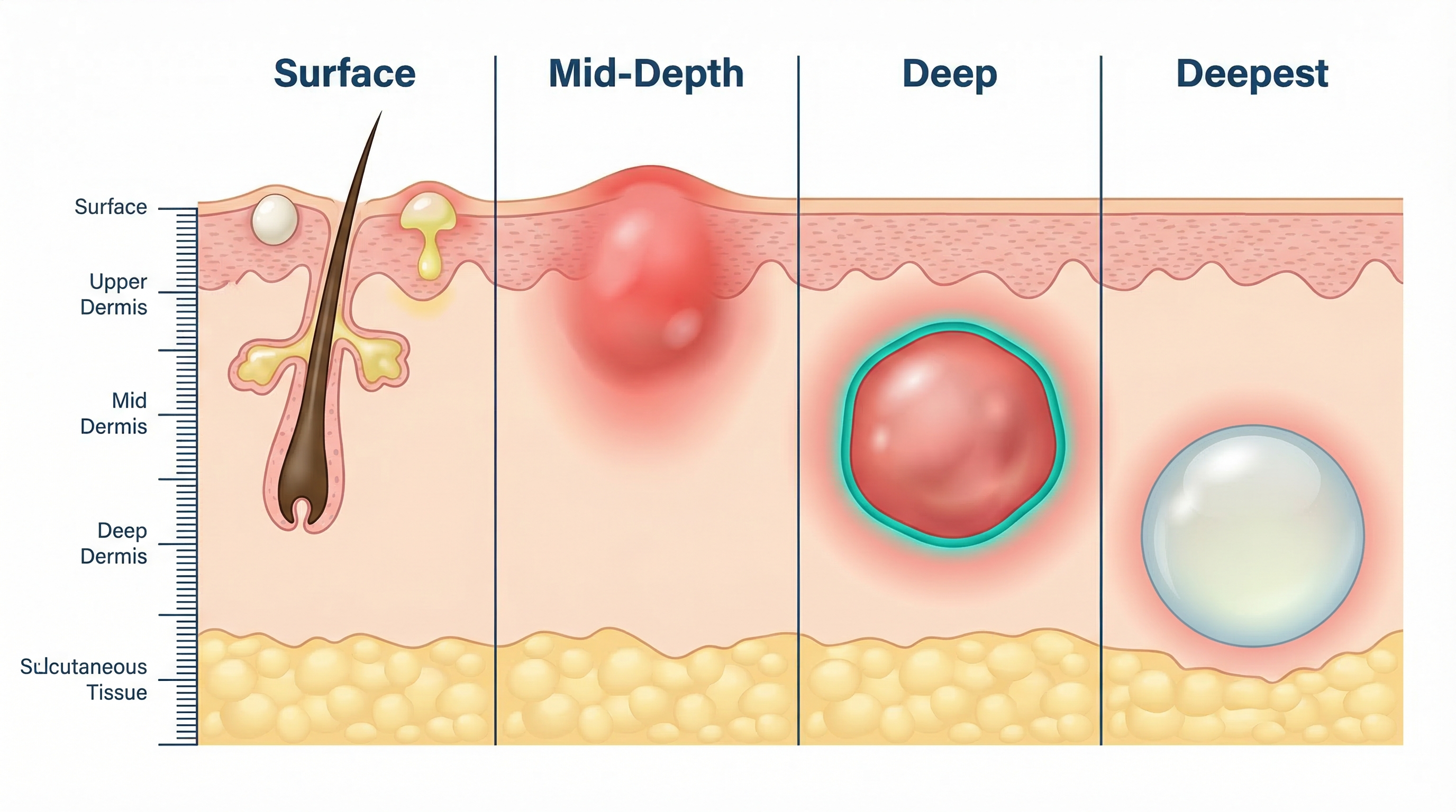 Illustration comparing different types of acne lesions from surface-level comedones to deep nodules and cysts
