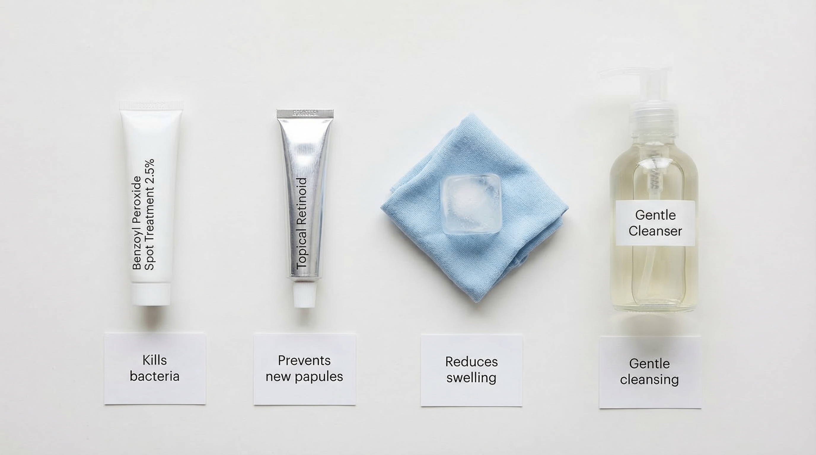 Visual timeline showing how long different acne treatments take to work: benzoyl peroxide, salicylic acid, adapalene, and prescription options