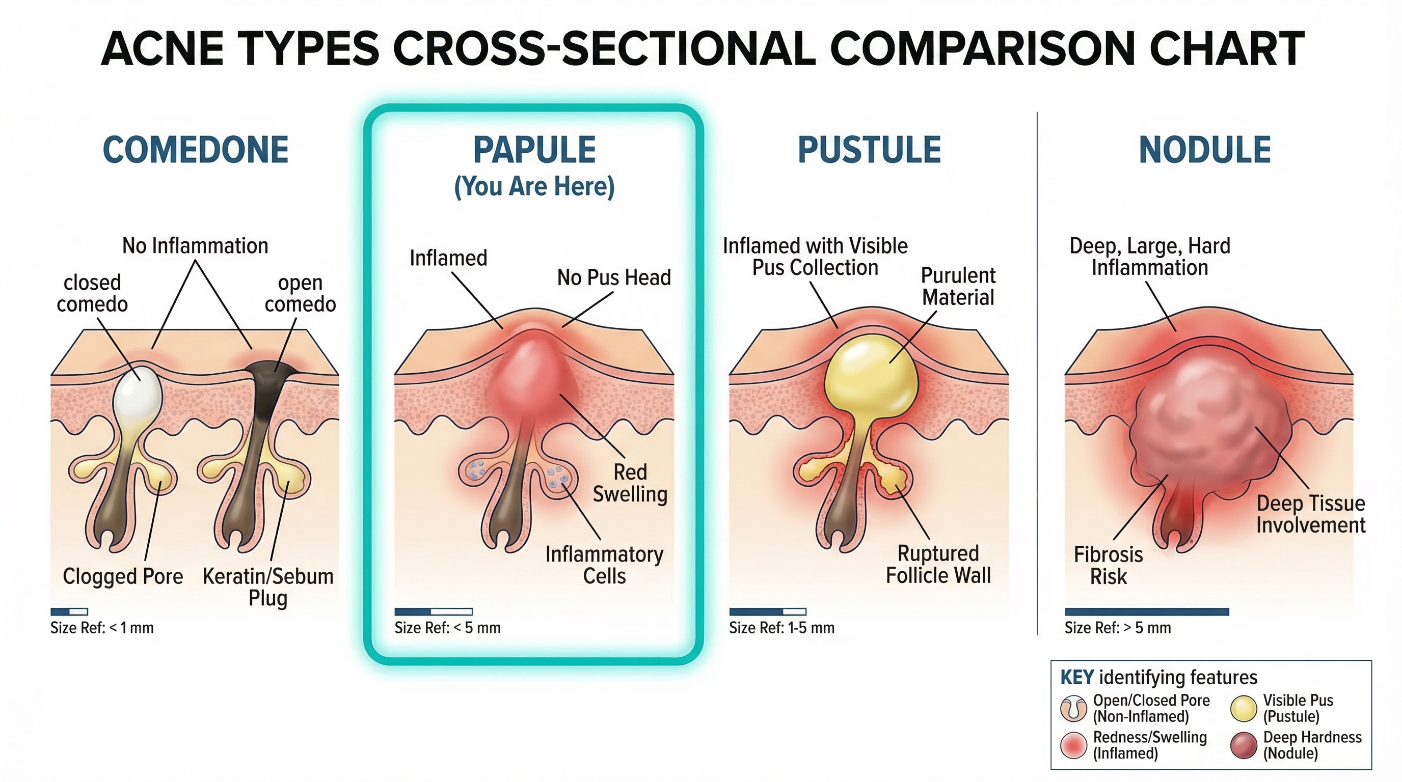Diagram of the inflammatory cascade: from microcomedone to bacterial overgrowth to follicle rupture to immune response