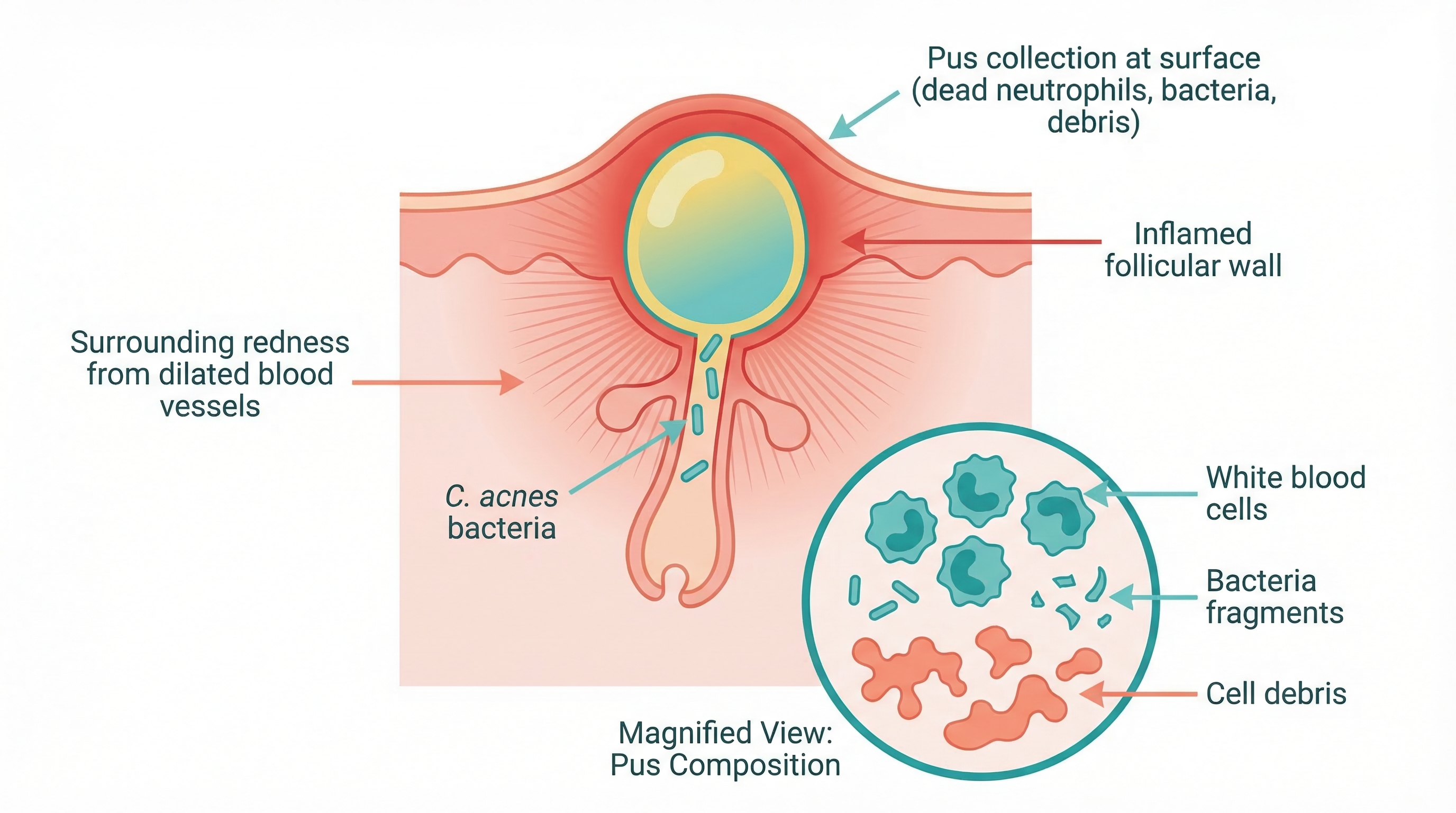 Close-up diagram showing the anatomy of a pustule — the pus-filled center, surrounding inflammation, and the affected pore beneath the skin surface