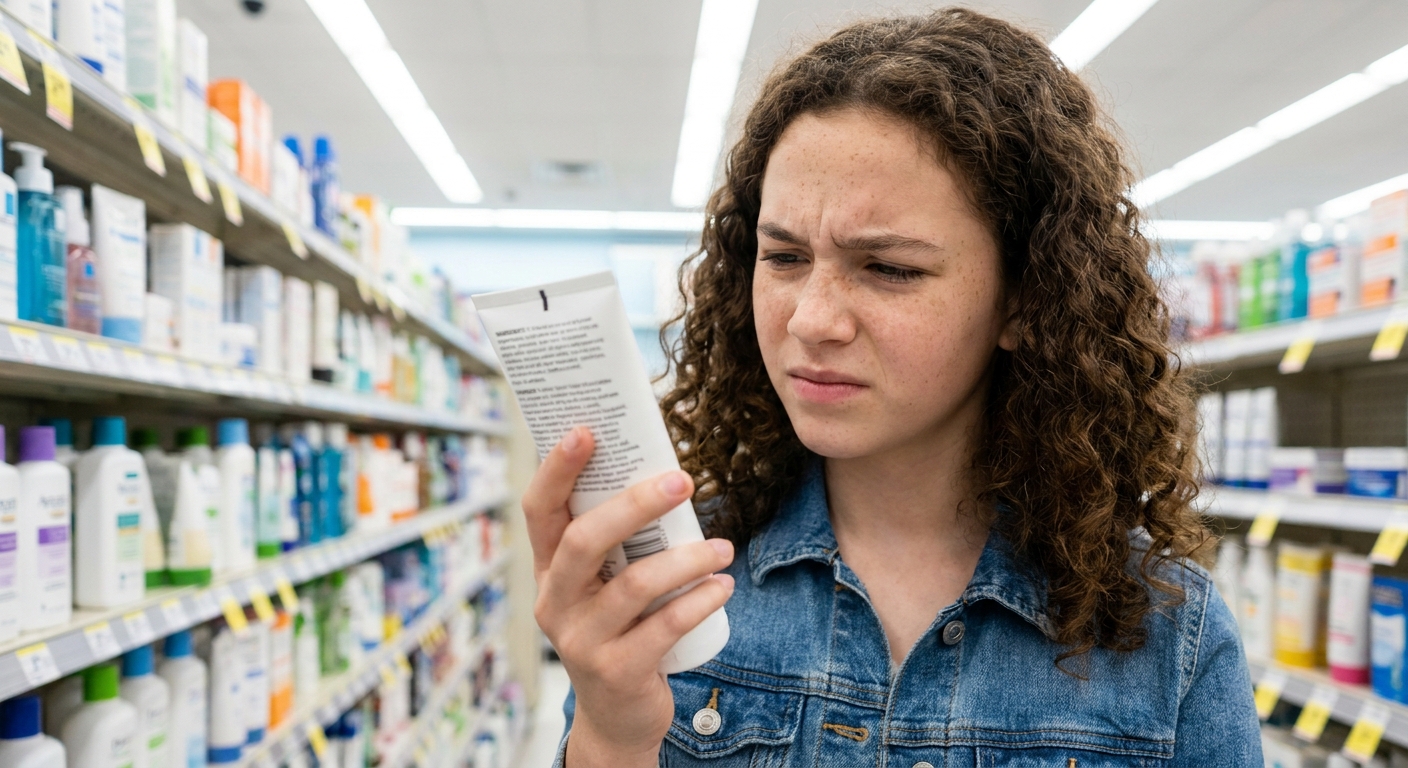 A teenager reading the back label of an acne product in a store