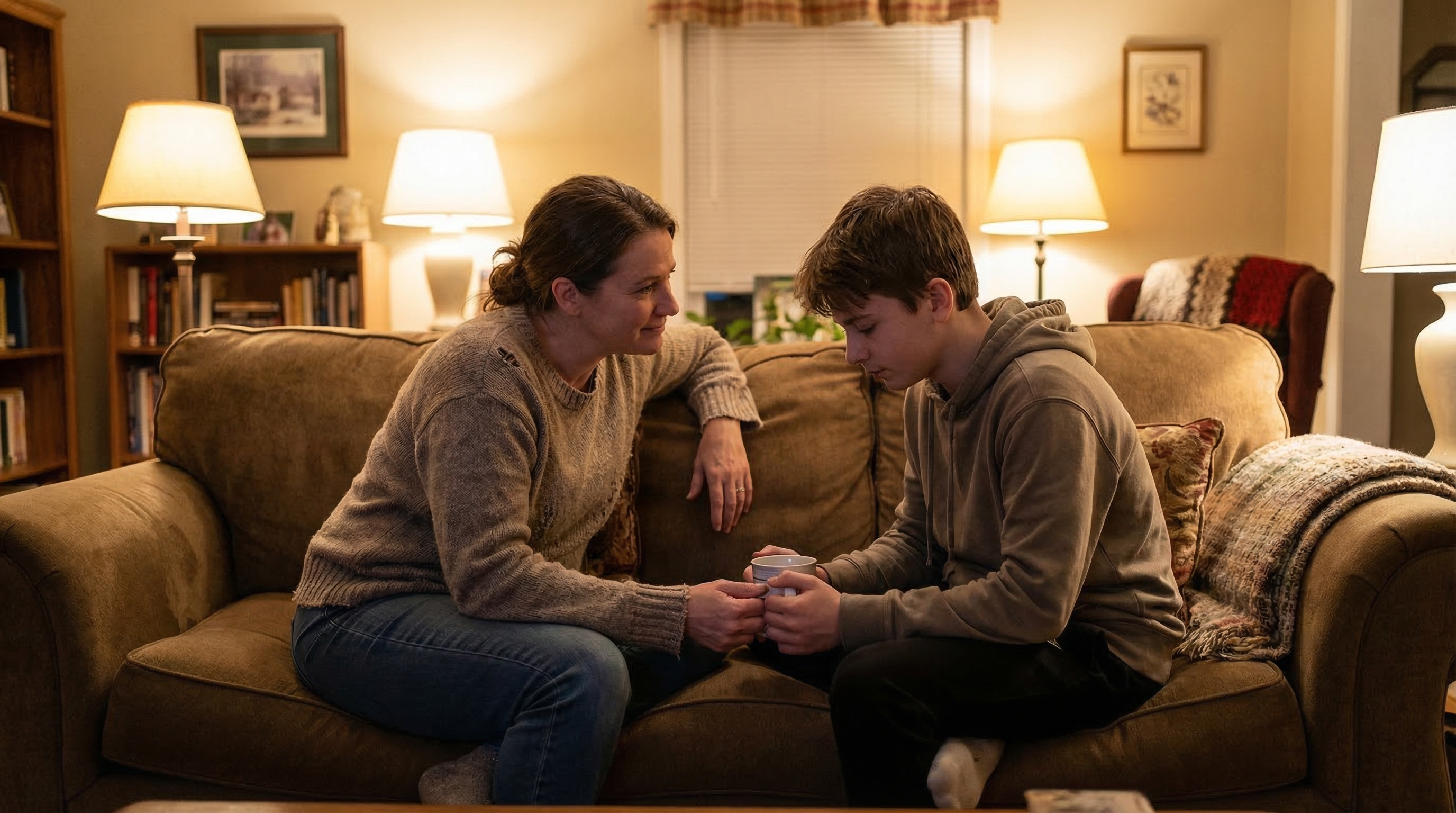 Mother and teenager having a supportive conversation about skincare