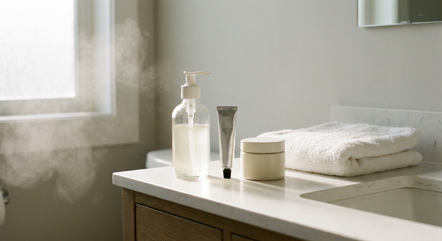 A simple skincare routine laid out on a bathroom counter