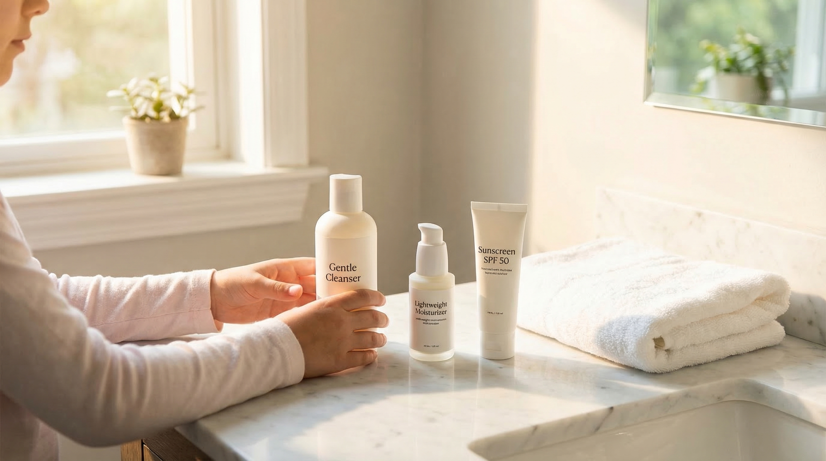 Flat lay photo showing the four essential acne products: cleanser, treatment, moisturizer, and sunscreen