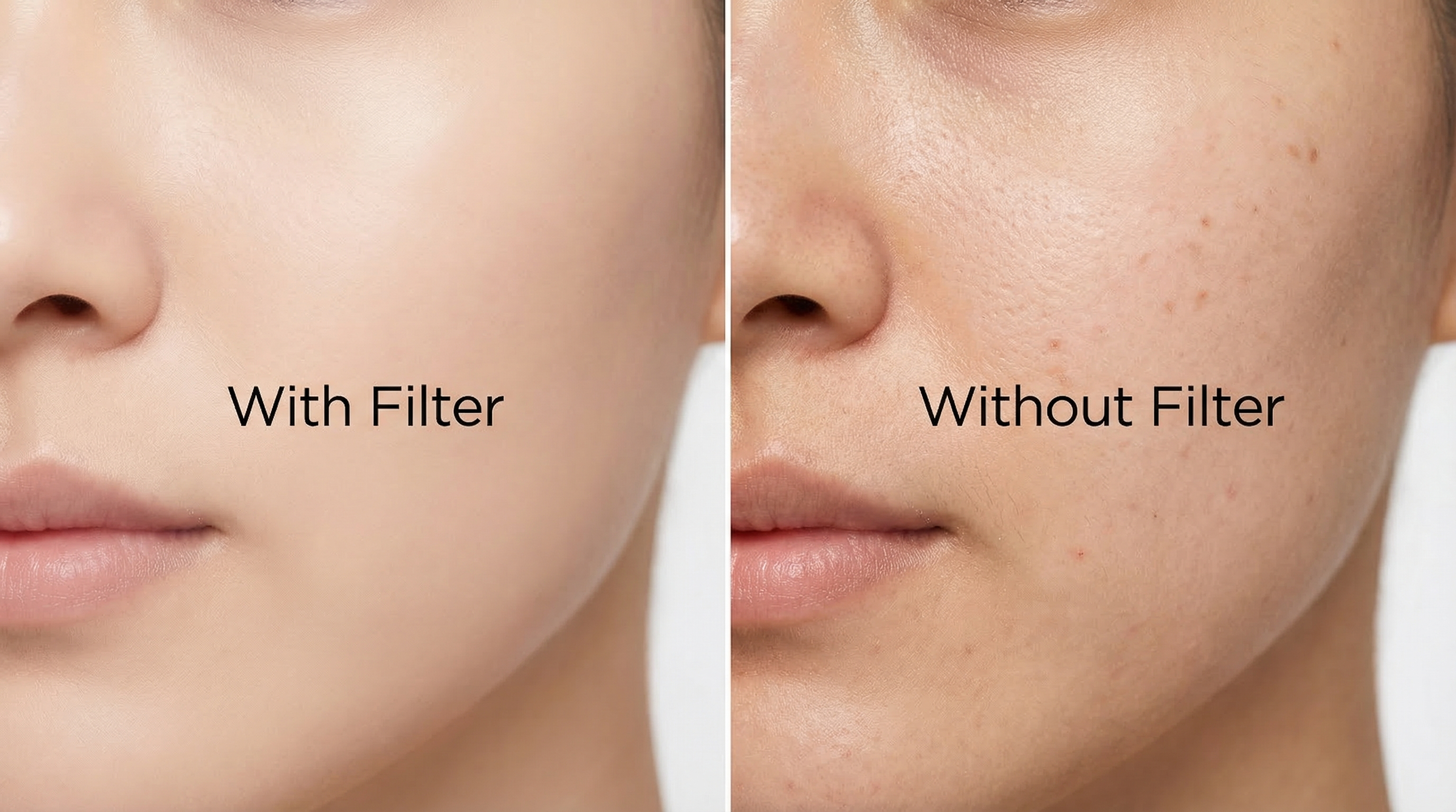 Comparison showing the same face with and without common social media filters applied