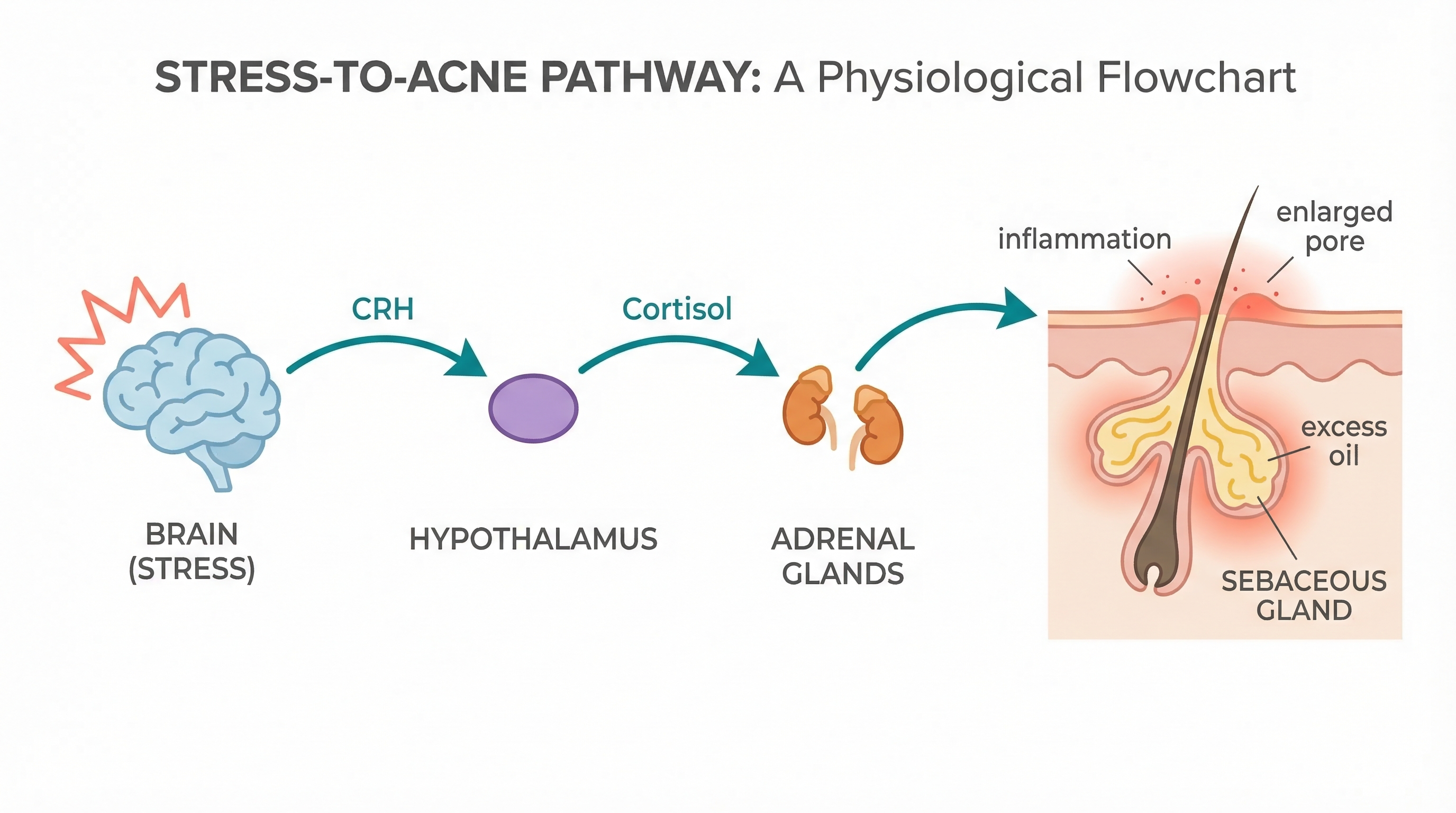 Diagram showing the stress-skin axis from brain to sebaceous glands