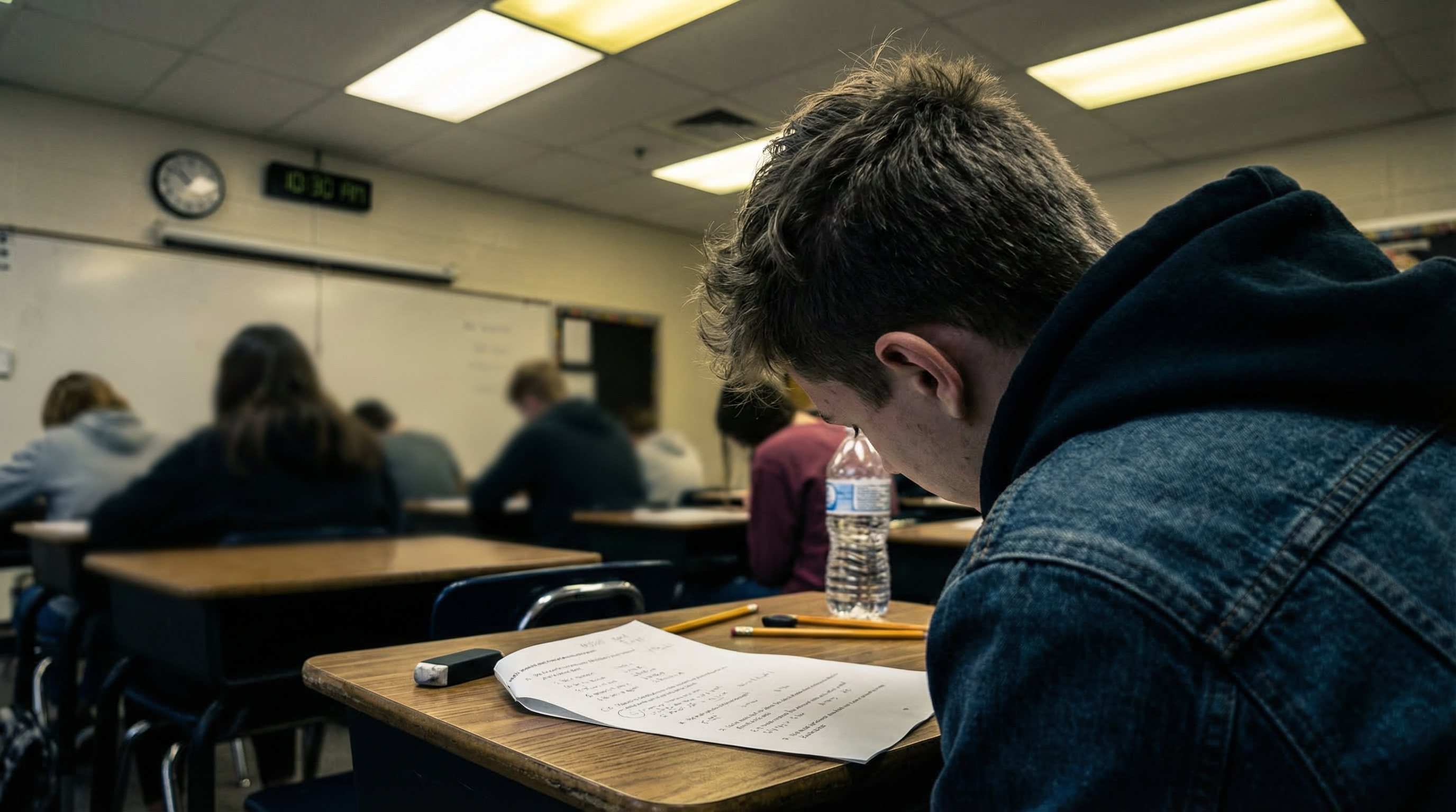 Teen studying at a desk surrounded by textbooks and a phone with notifications