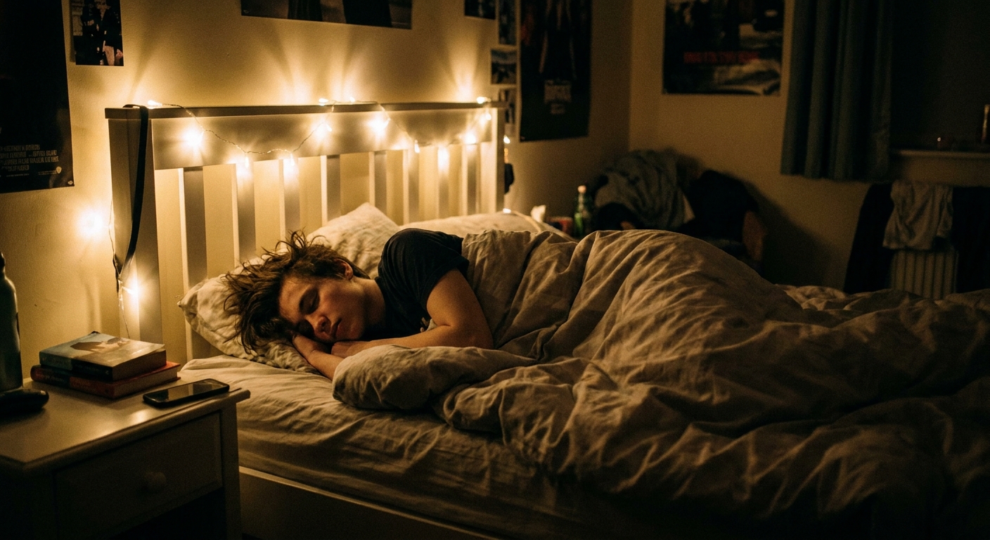 A teenager sleeping peacefully in a dark bedroom