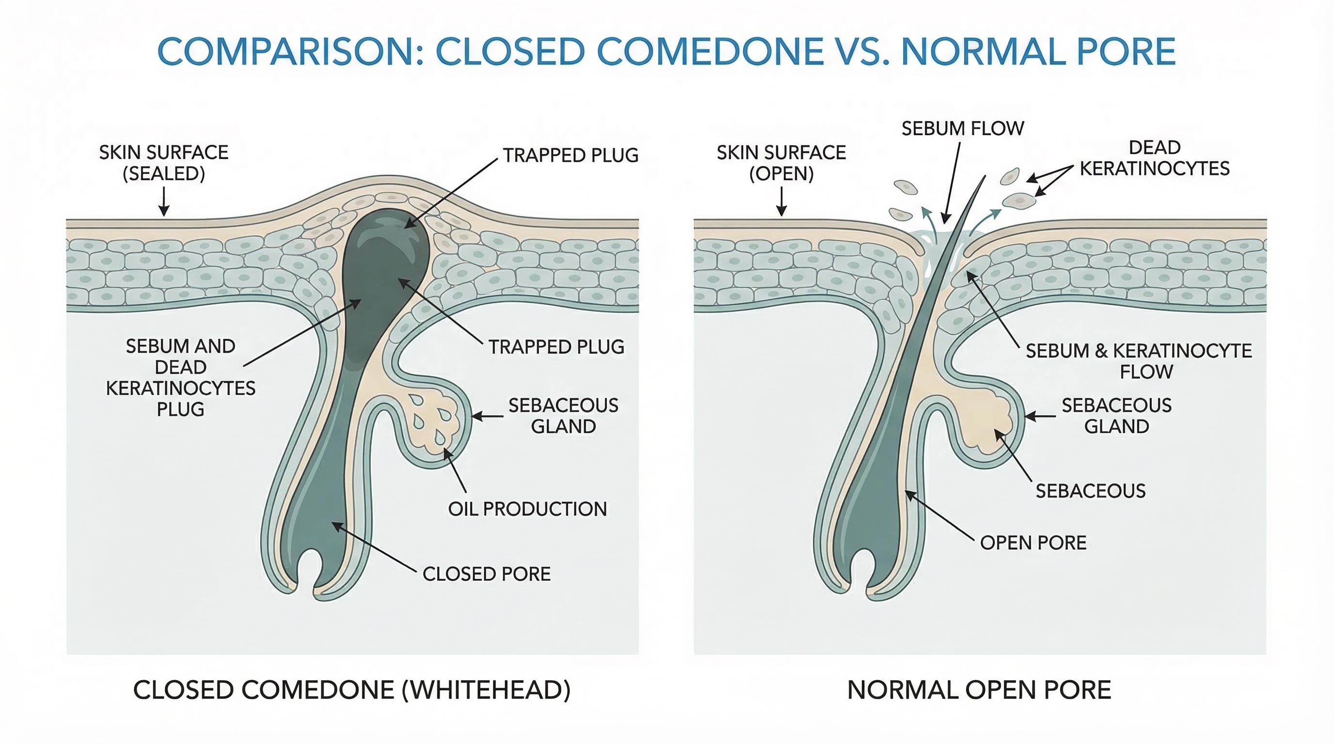 Cross-section diagram comparing a normal pore, a closed comedone (whitehead), and an open comedone (blackhead)