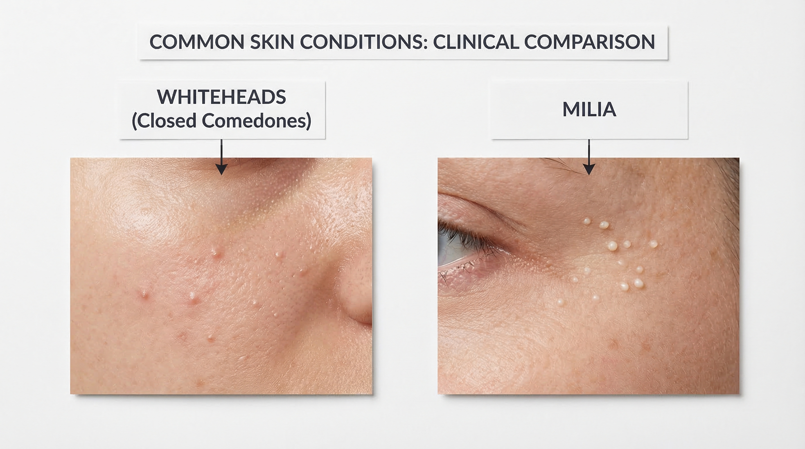 Close-up photograph showing whiteheads (closed comedones) on the forehead, appearing as small flesh-colored bumps